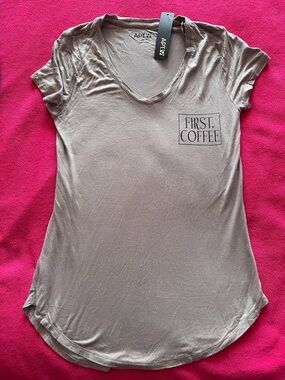 Apt. 9 Women’s Taupe V-Neck Tee "First, Coffee"